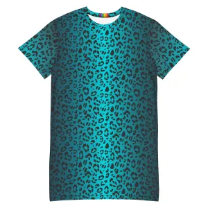 Aqua Leopard Print T-shirt Dress