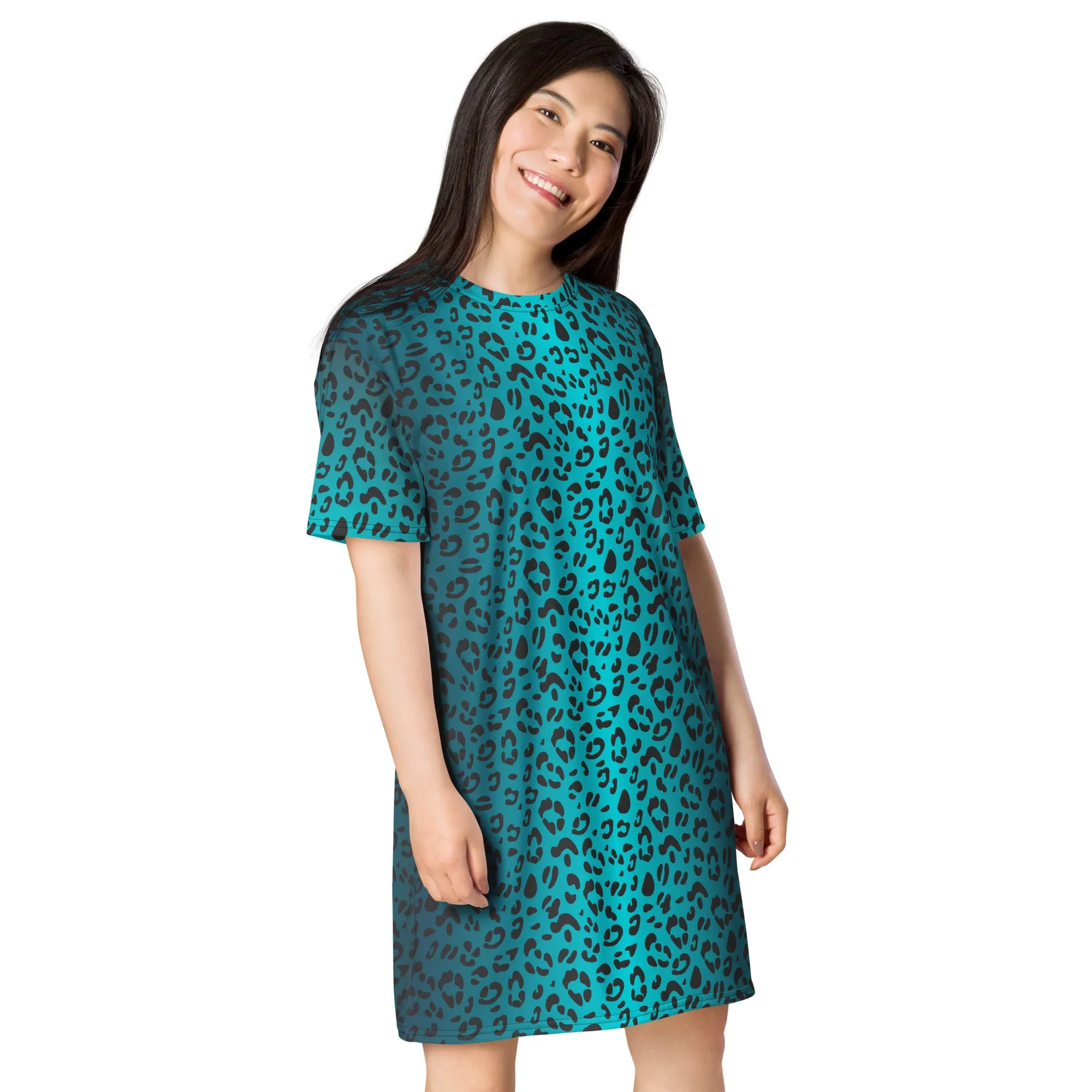 Aqua Leopard Print T-shirt Dress