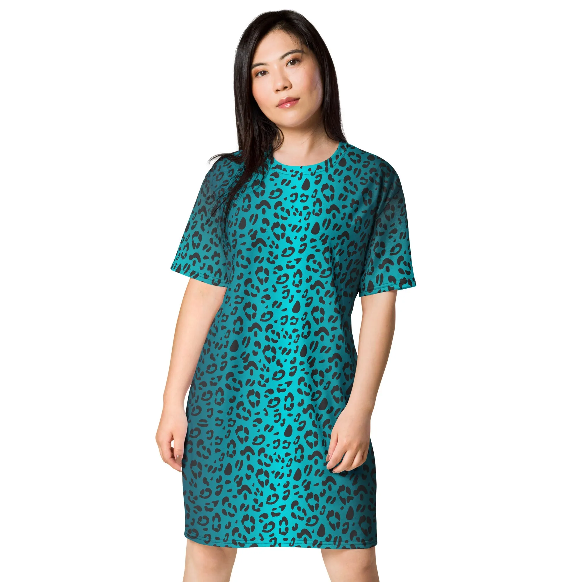 Aqua Leopard Print T-shirt Dress