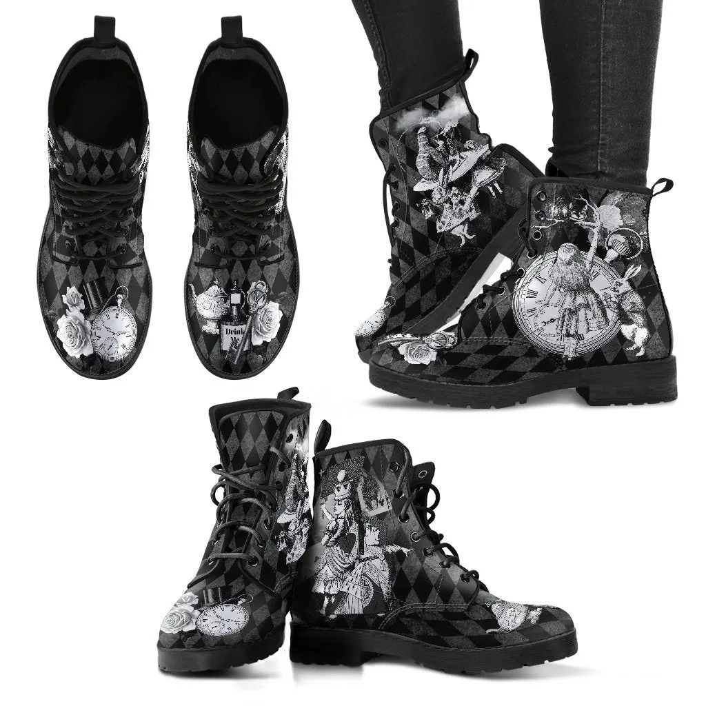Black Combat Boots - Alice in Wonderland Gifts #62 Classic Series | Women's Black Hipster Boots, Custom Shoes, 90s Boots, Vegan Shoes