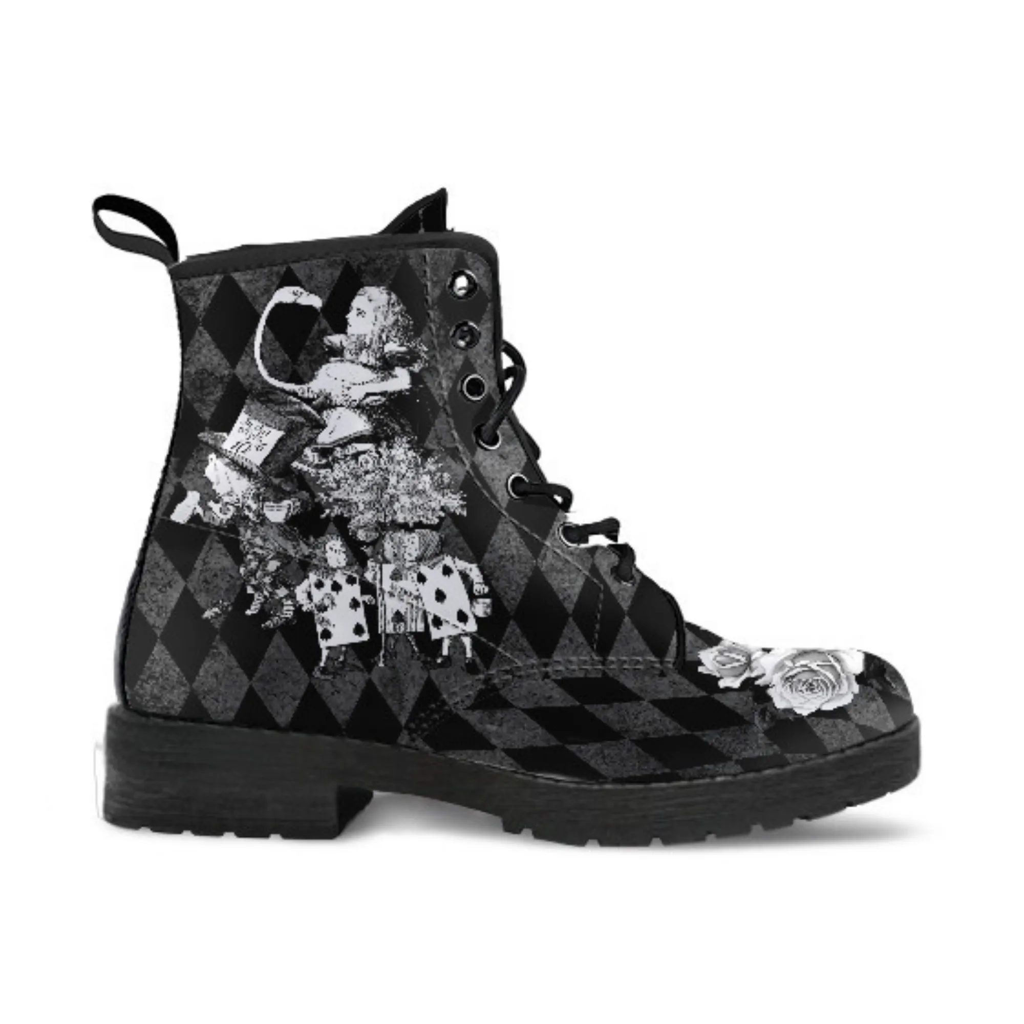 Black Combat Boots - Alice in Wonderland Gifts #62 Classic Series | Women's Black Hipster Boots, Custom Shoes, 90s Boots, Vegan Shoes