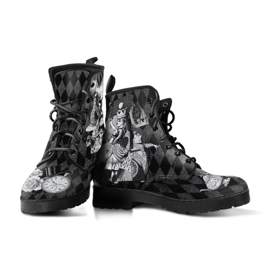 Black Combat Boots - Alice in Wonderland Gifts #62 Classic Series | Women's Black Hipster Boots, Custom Shoes, 90s Boots, Vegan Shoes