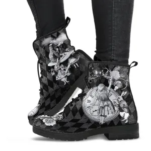 Black Combat Boots - Alice in Wonderland Gifts #62 Classic Series | Women's Black Hipster Boots, Custom Shoes, 90s Boots, Vegan Shoes