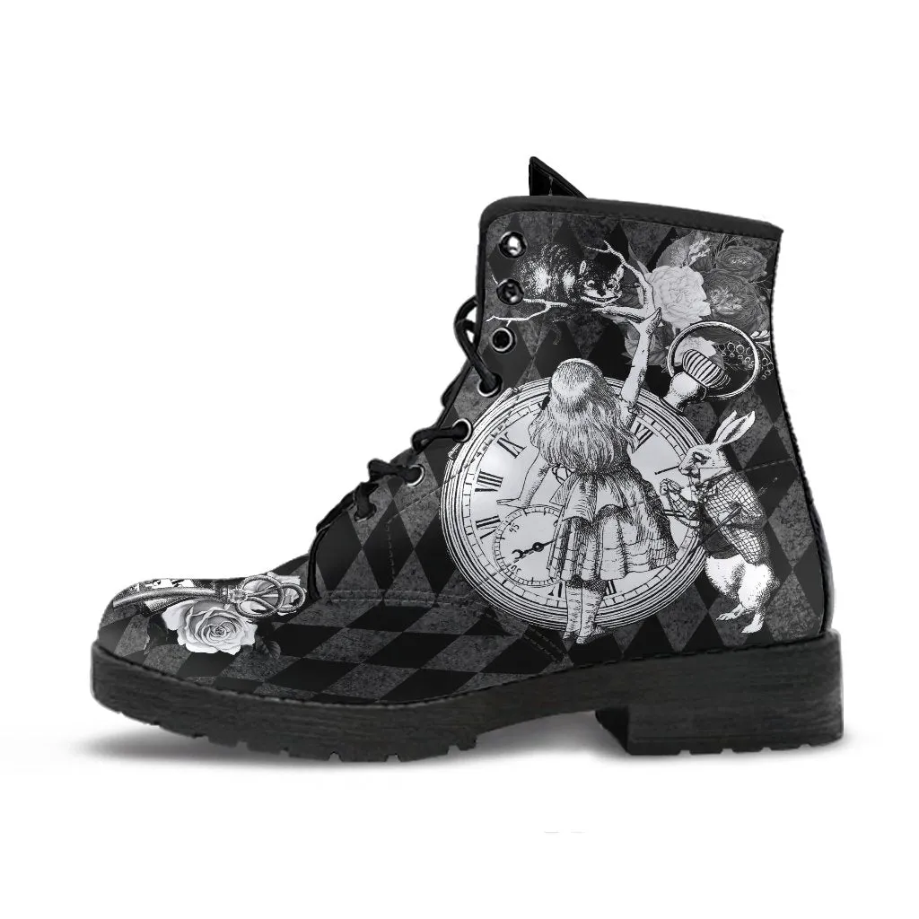 Black Combat Boots - Alice in Wonderland Gifts #62 Classic Series | Women's Black Hipster Boots, Custom Shoes, 90s Boots, Vegan Shoes