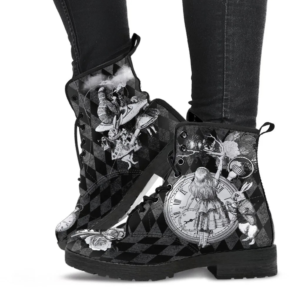 Black Combat Boots - Alice in Wonderland Gifts #62 Classic Series | Women's Black Hipster Boots, Custom Shoes, 90s Boots, Vegan Shoes