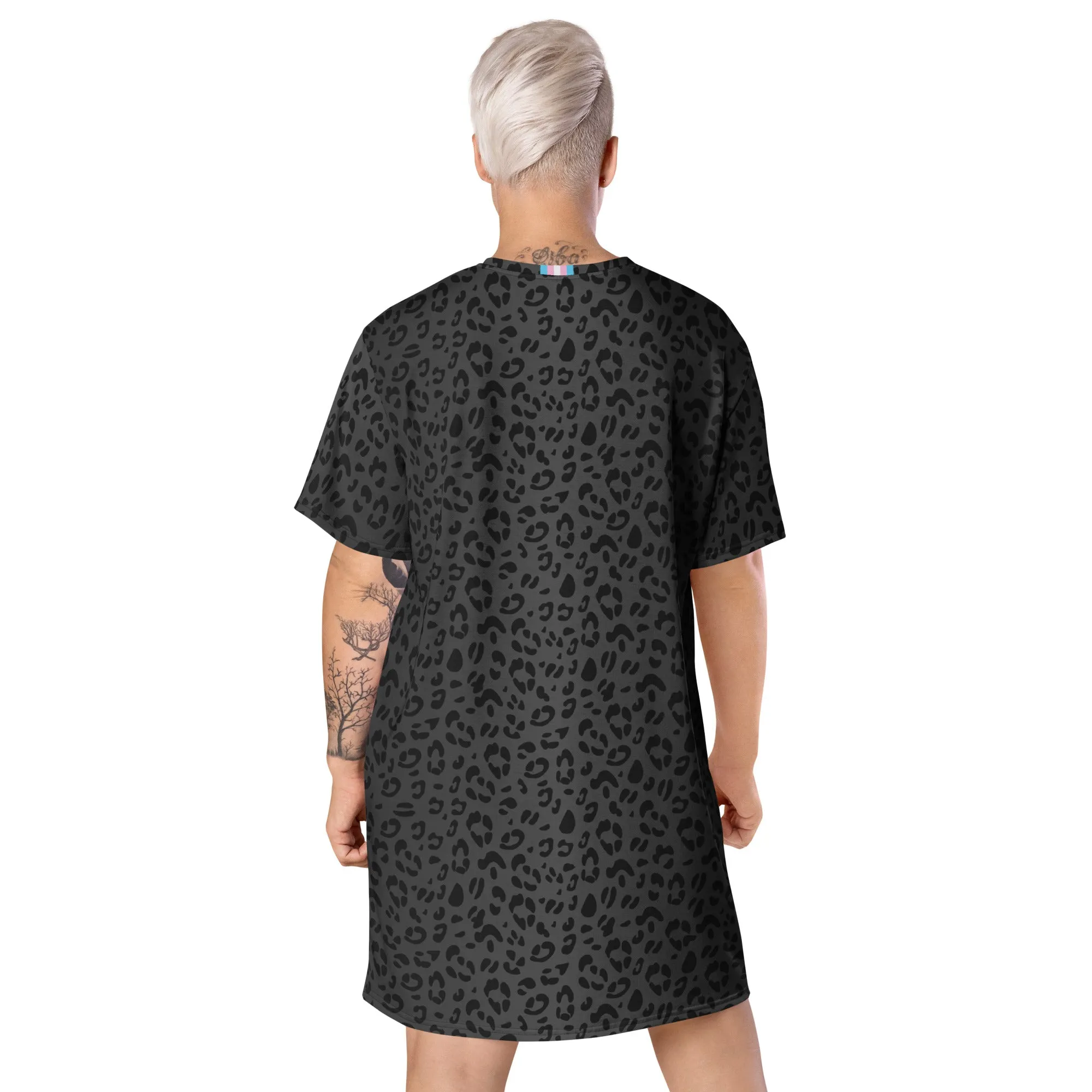 Black Leopard T-shirt Dress With Trans Collar Flag