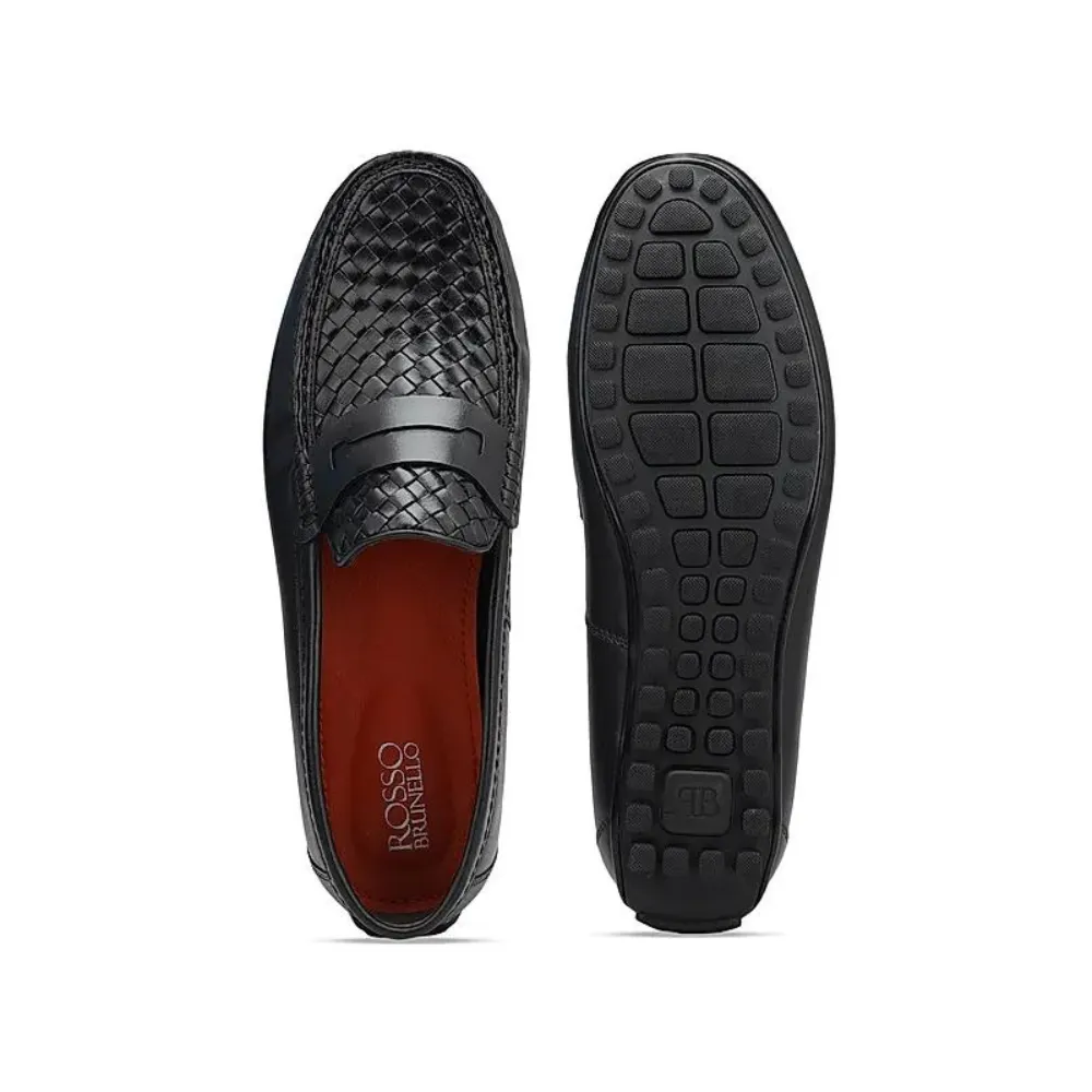 Black Woven Leather Moccasins