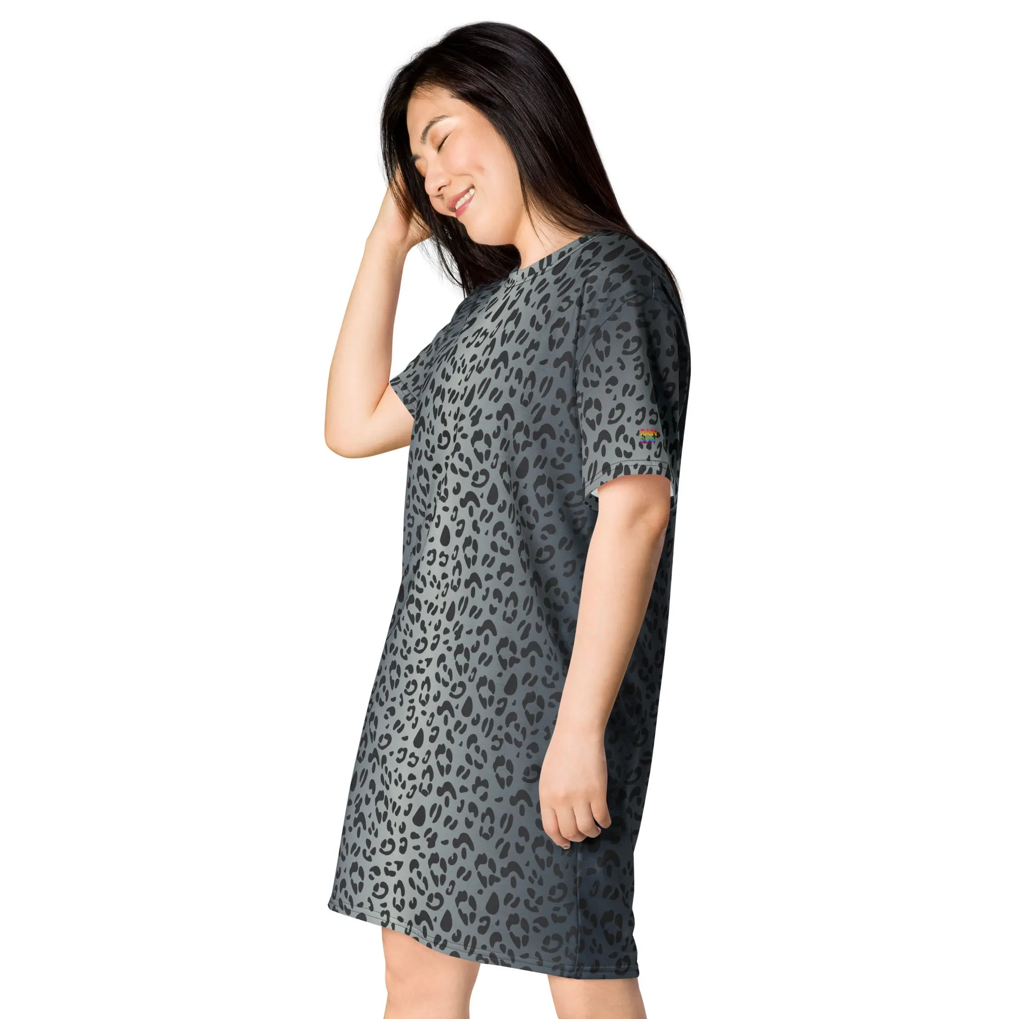 Blue Leopard Print T-Shirt Dress With Trans Collar Flag