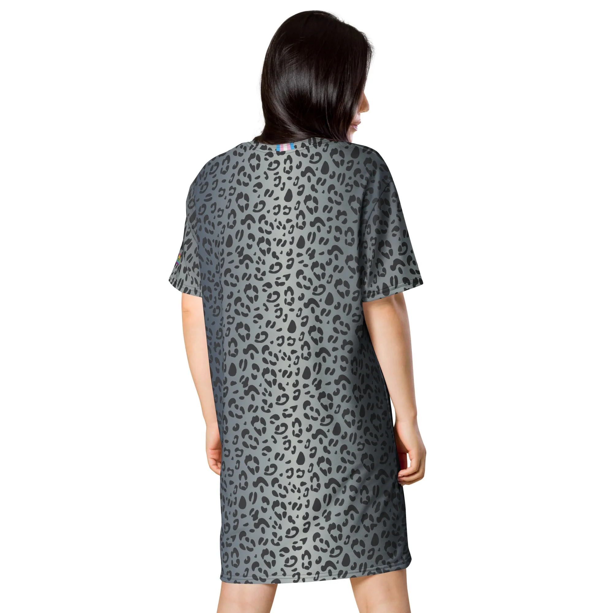 Blue Leopard Print T-Shirt Dress With Trans Collar Flag