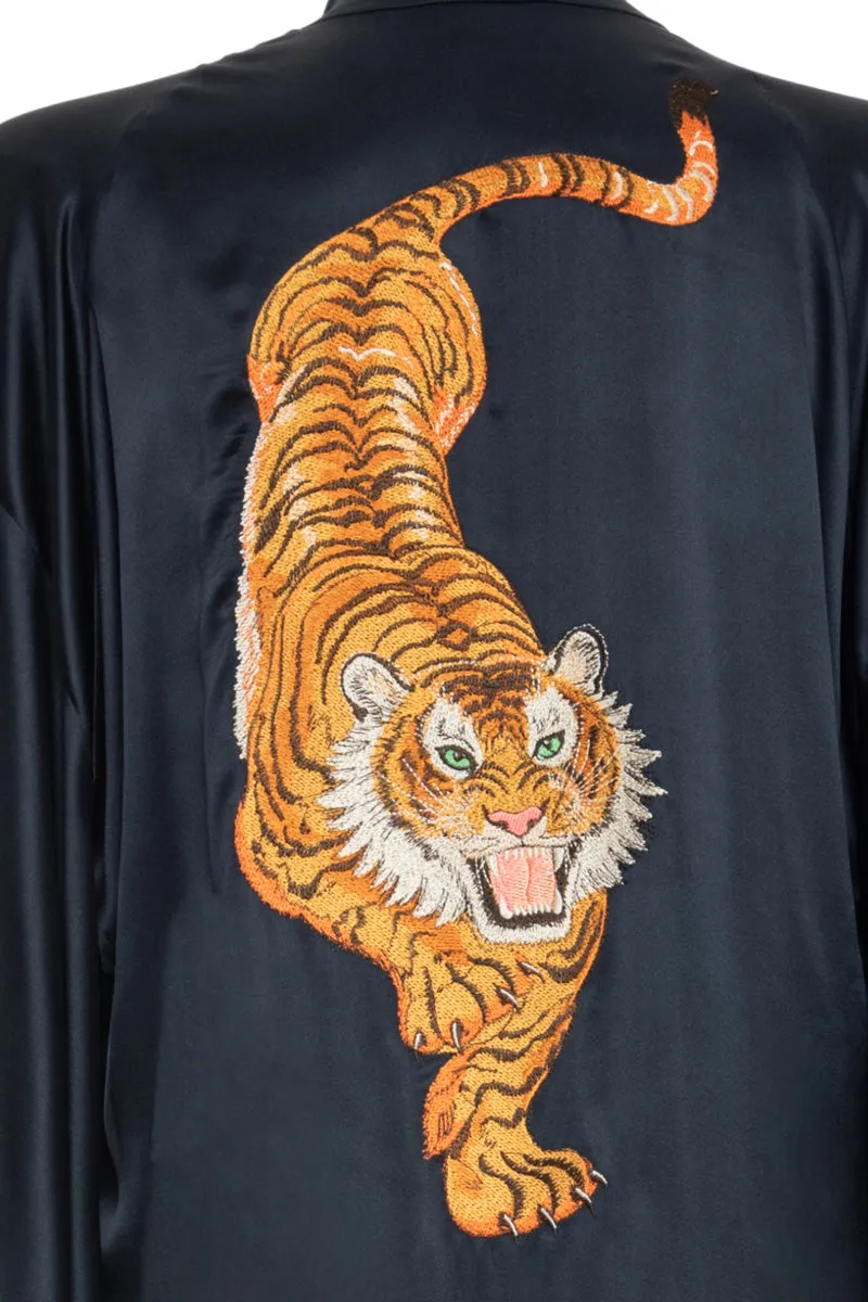 Blue Navy Pure Silk Tiger Kimono