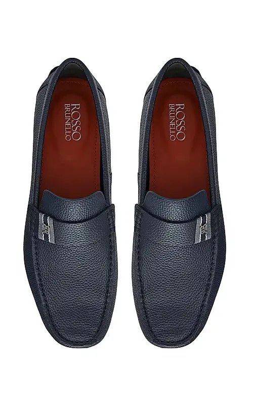 Blue Textured Leather Moccasins