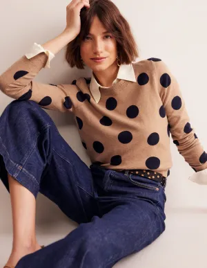 Catriona Cotton Crew Jumper-Camel Melange, Abstract Dot