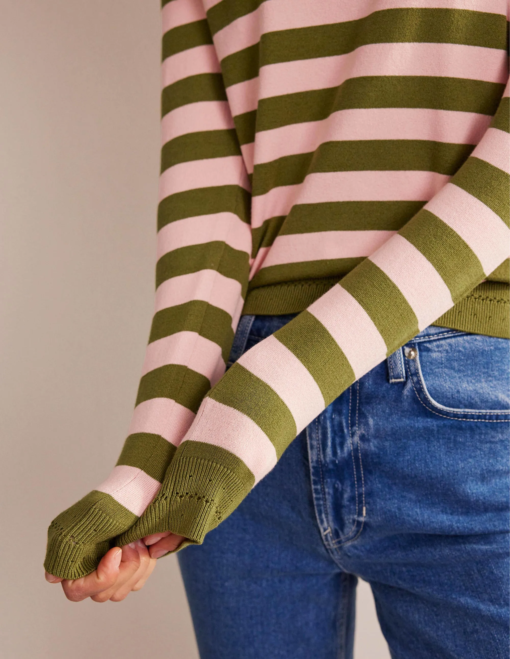 Catriona Cotton Crew Jumper-Chalky Pink and Green Olive