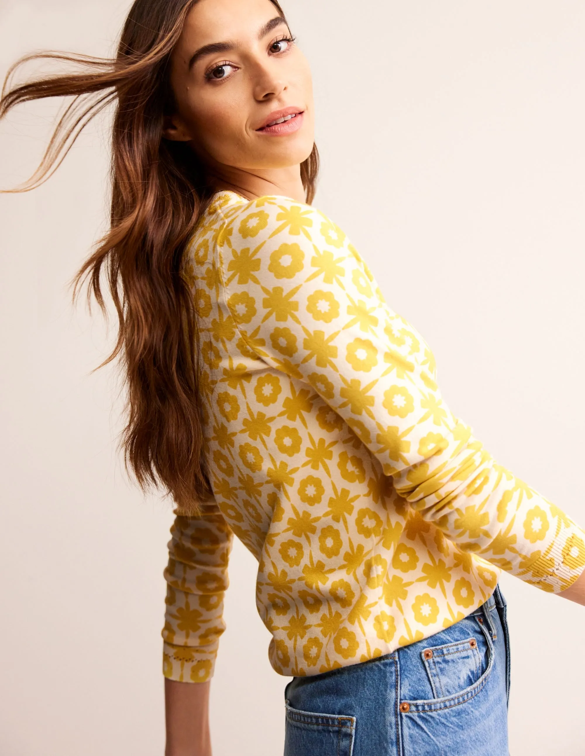 Catriona Cotton Crew Jumper-Mimosa Yellow Print