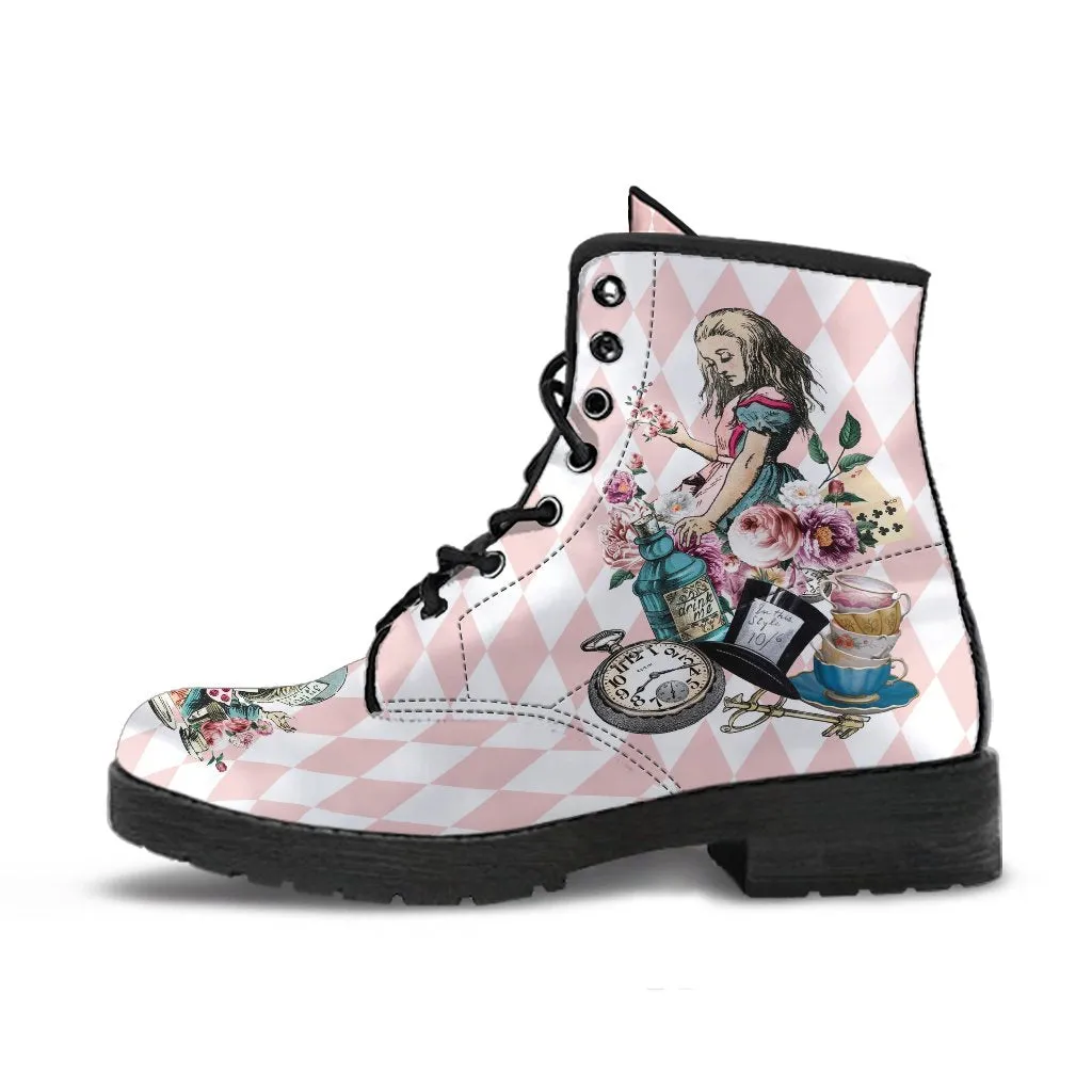 Combat Boots - Alice in Wonderland Gifts #42 Colorful Series | Blush Pink Flat Shoes, Vegan Leather Handmade Lace Up Boots, Custom Shoes