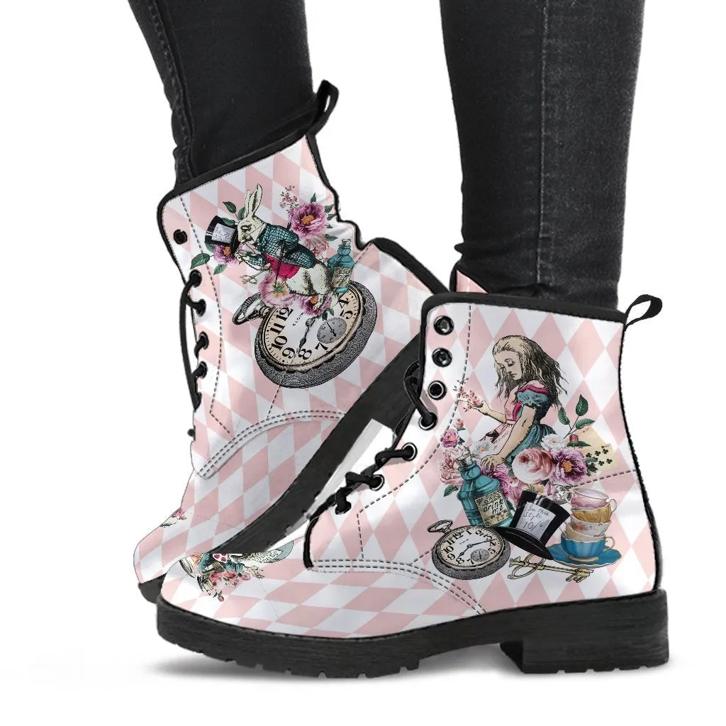 Combat Boots - Alice in Wonderland Gifts #42 Colorful Series | Blush Pink Flat Shoes, Vegan Leather Handmade Lace Up Boots, Custom Shoes