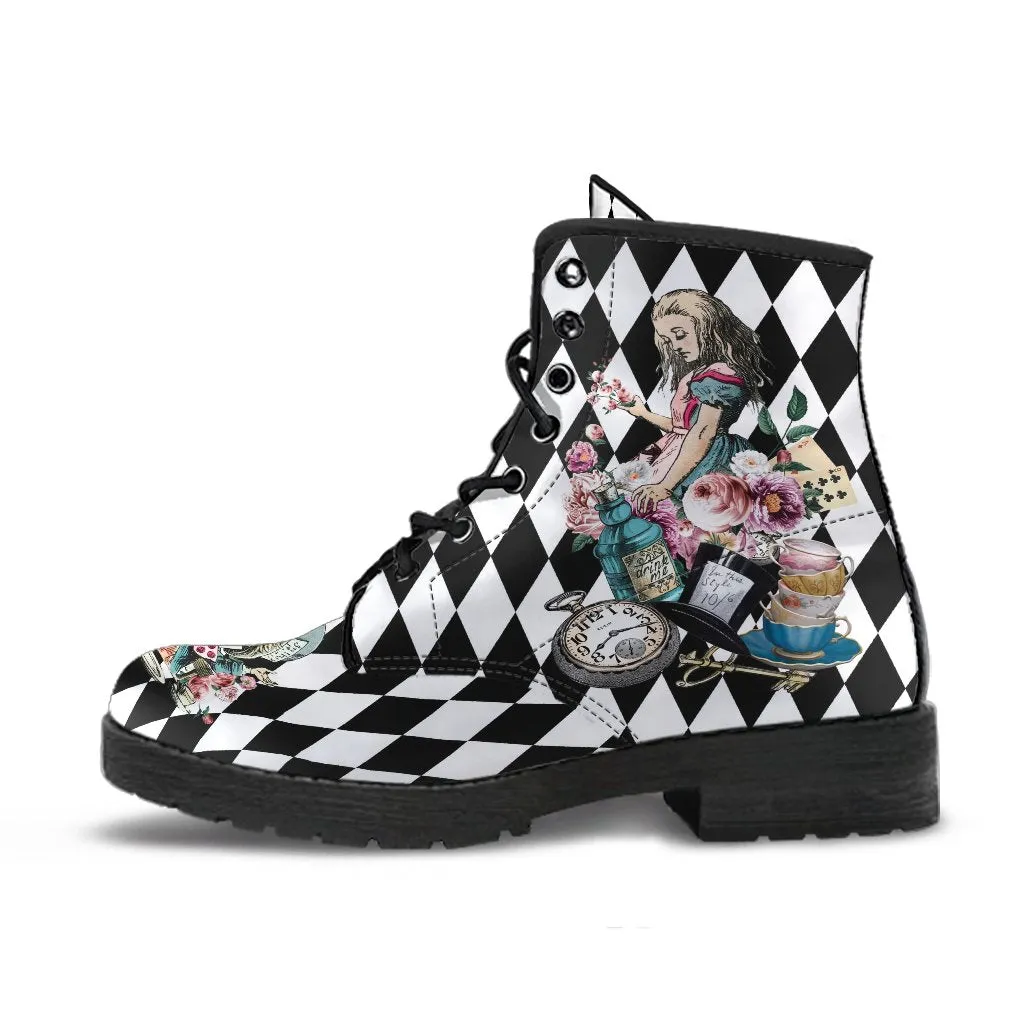 Combat Boots - Alice in Wonderland Gifts #43 Colorful Series | Birthday Gifts, Gift Idea, Vegan Leather Handmade Lace Up Boots, Women's Boots