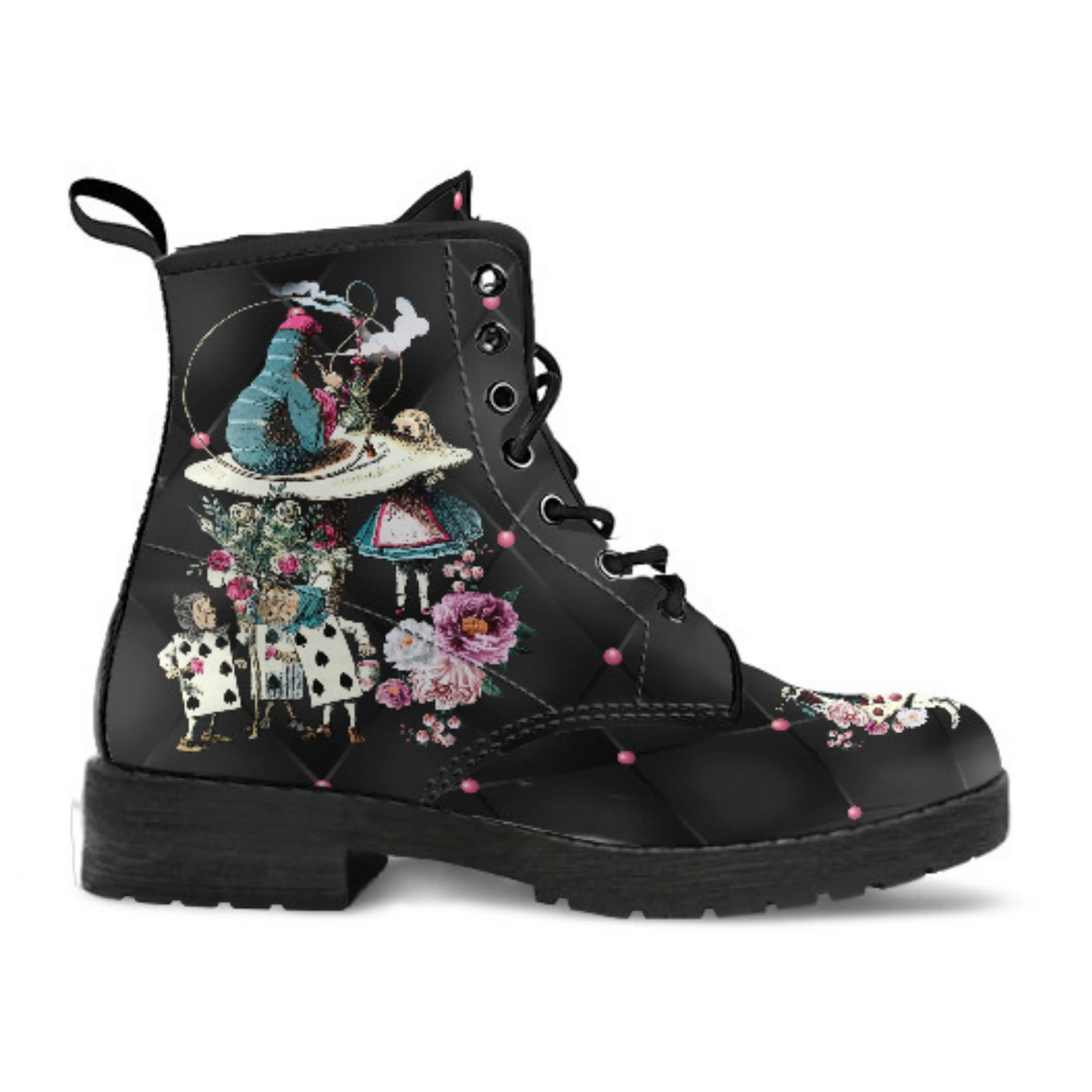 Combat Boots - Alice in Wonderland Gifts #45 Colorful Series | Black Hipster Boots, Vegan Leather