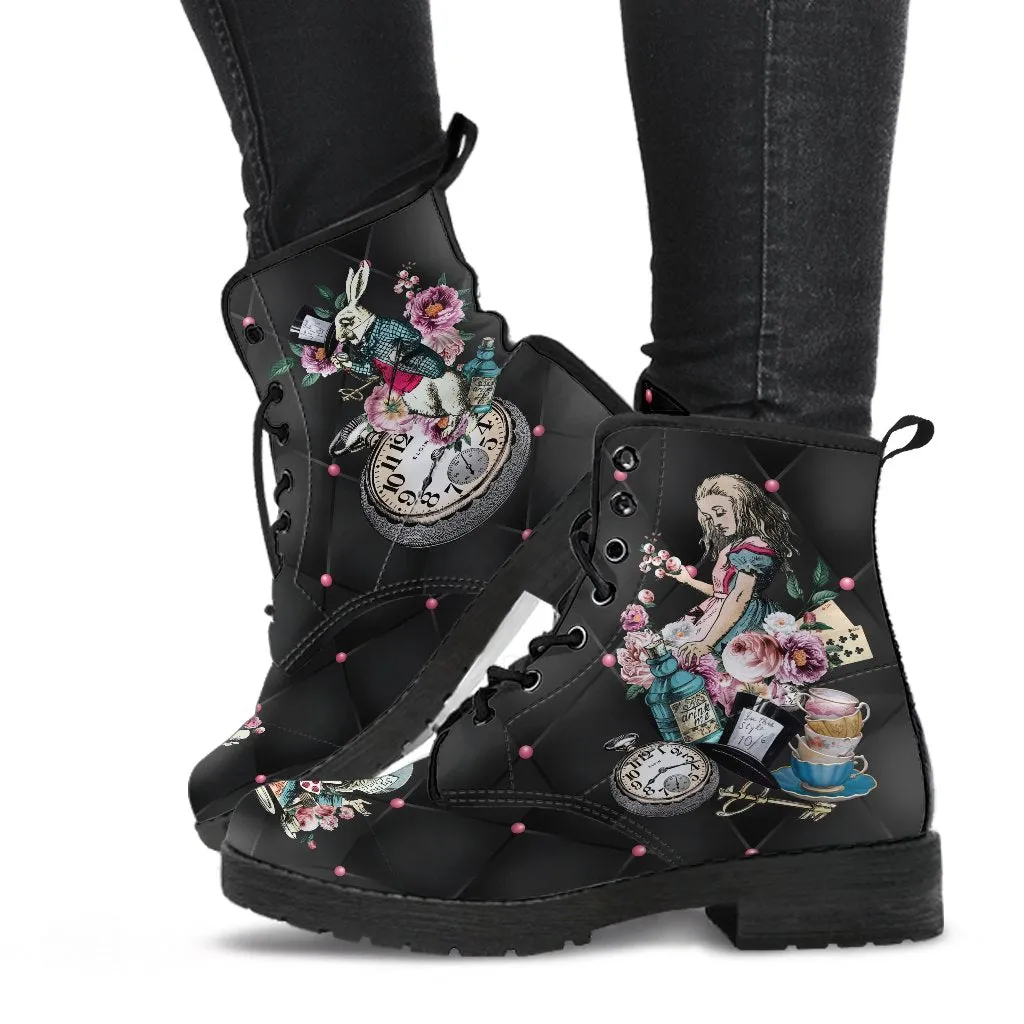 Combat Boots - Alice in Wonderland Gifts #45 Colorful Series | Black Hipster Boots, Vegan Leather