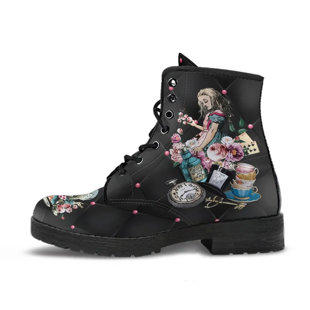 Combat Boots - Alice in Wonderland Gifts #45 Colorful Series | Black Hipster Boots, Vegan Leather