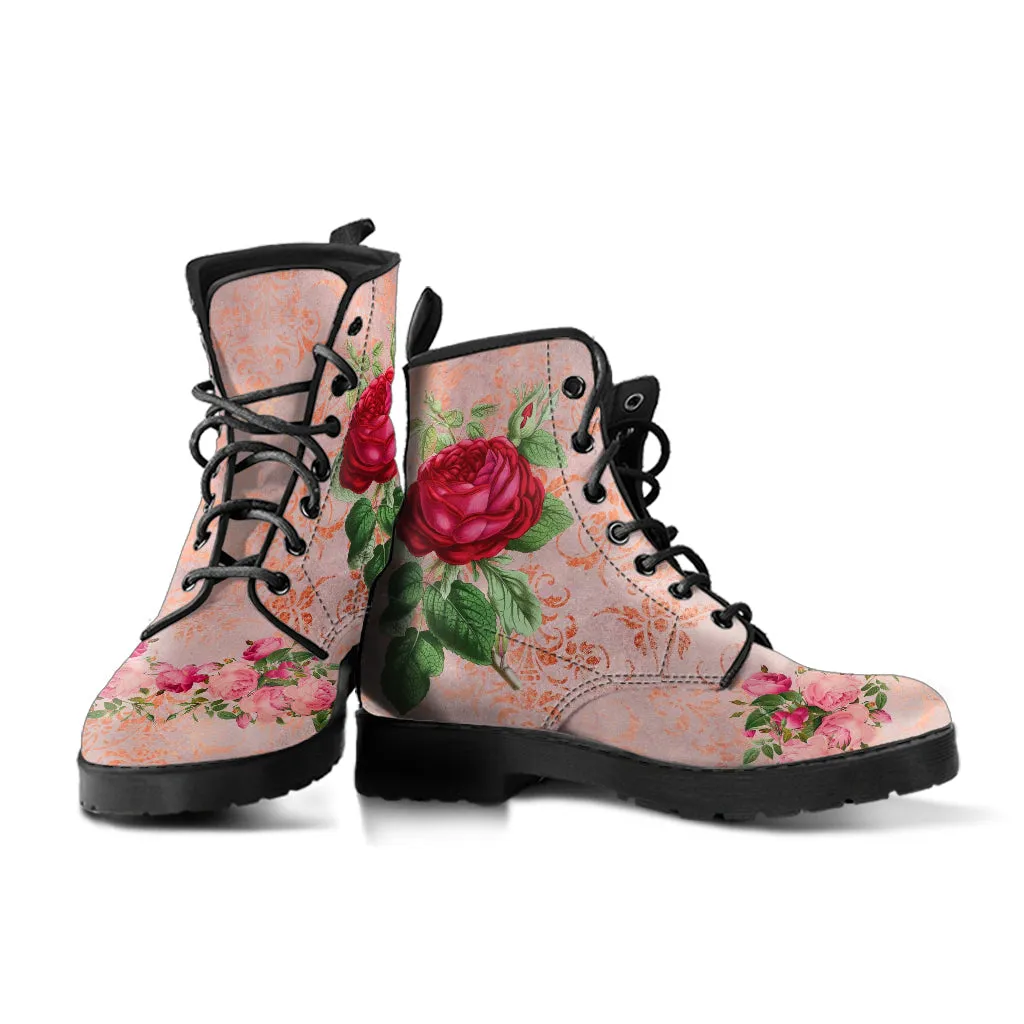 Combat Boots - Vintage Style Flowers #101N | Boho Bride Wedding Shoes, Cute Kawaii Aesthetic Pink Flat Shoes, Boots Women