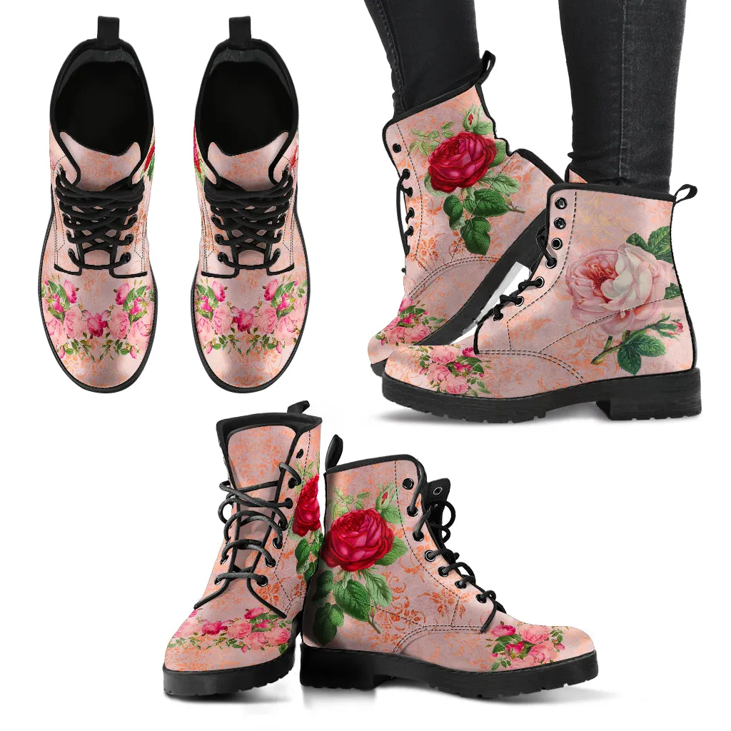 Combat Boots - Vintage Style Flowers #101N | Boho Bride Wedding Shoes, Cute Kawaii Aesthetic Pink Flat Shoes, Boots Women