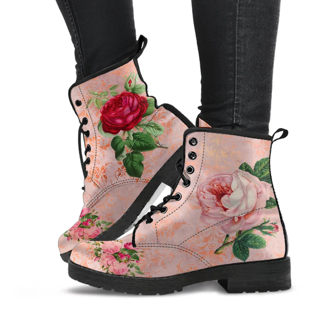 Combat Boots - Vintage Style Flowers #101N | Boho Bride Wedding Shoes, Cute Kawaii Aesthetic Pink Flat Shoes, Boots Women