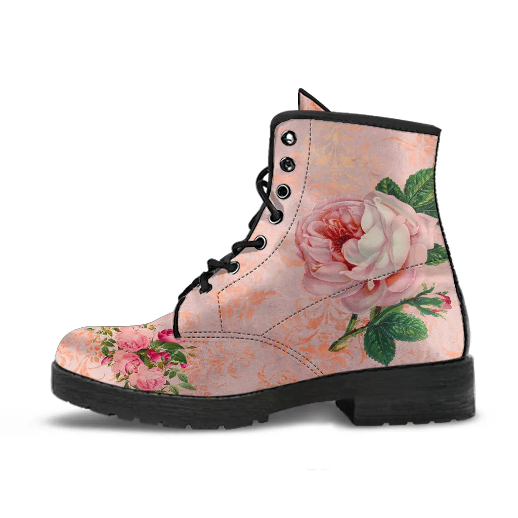 Combat Boots - Vintage Style Flowers #101N | Boho Bride Wedding Shoes, Cute Kawaii Aesthetic Pink Flat Shoes, Boots Women