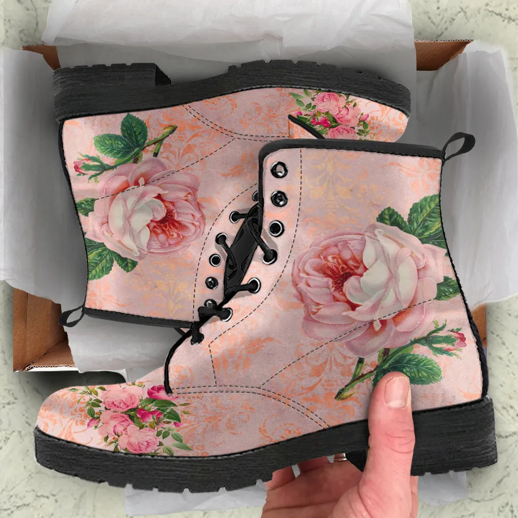 Combat Boots - Vintage Style Flowers #101N | Boho Bride Wedding Shoes, Cute Kawaii Aesthetic Pink Flat Shoes, Boots Women