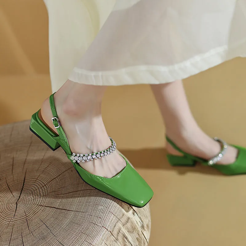 Dalila Square Toe Slingback Flats with Rhinestones