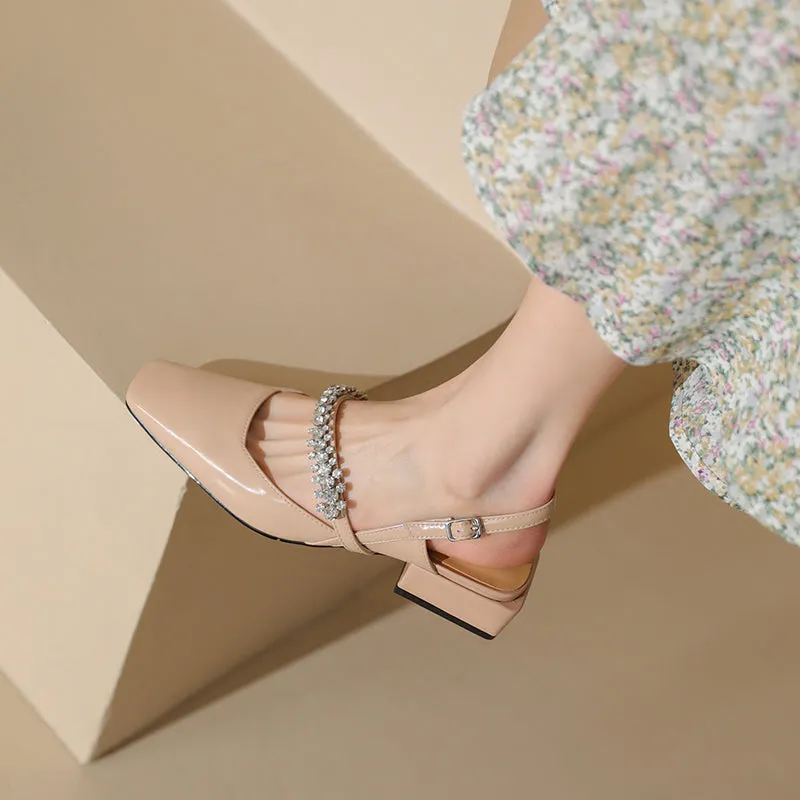 Dalila Square Toe Slingback Flats with Rhinestones
