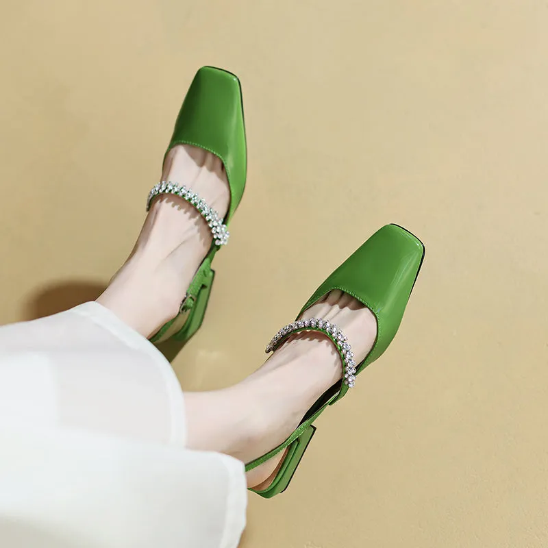 Dalila Square Toe Slingback Flats with Rhinestones