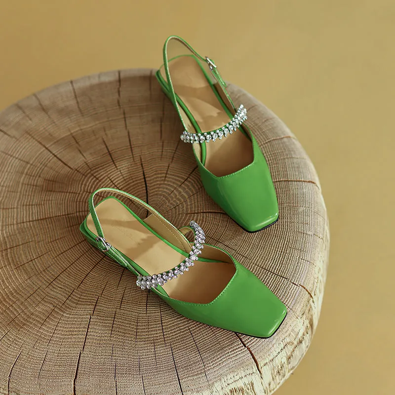 Dalila Square Toe Slingback Flats with Rhinestones