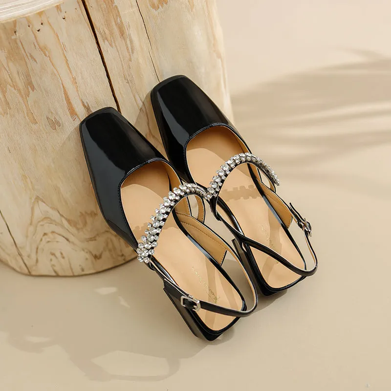 Dalila Square Toe Slingback Flats with Rhinestones