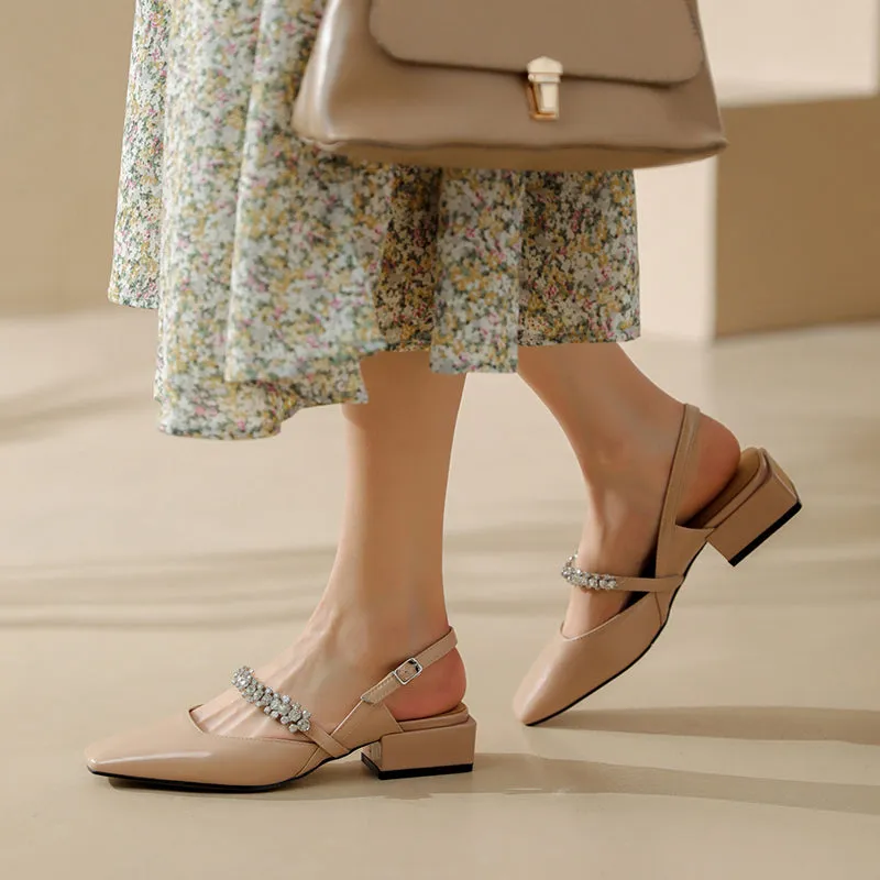 Dalila Square Toe Slingback Flats with Rhinestones