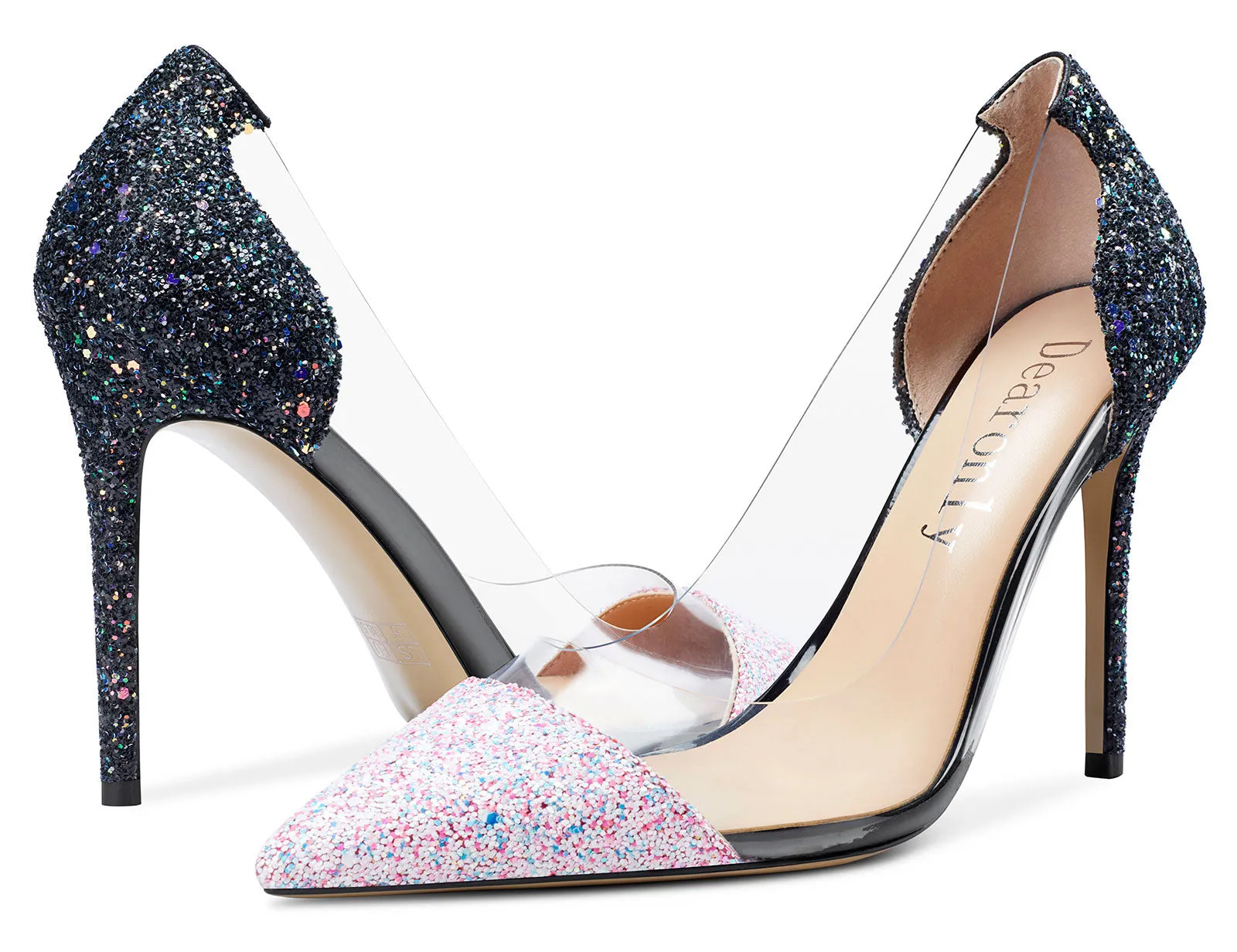 DearOnly Women's High Heels Transparent Clear Pumps Slip On Sexy Pointed Toe Stilettos 4 Inch Colorful Glitter Heel
