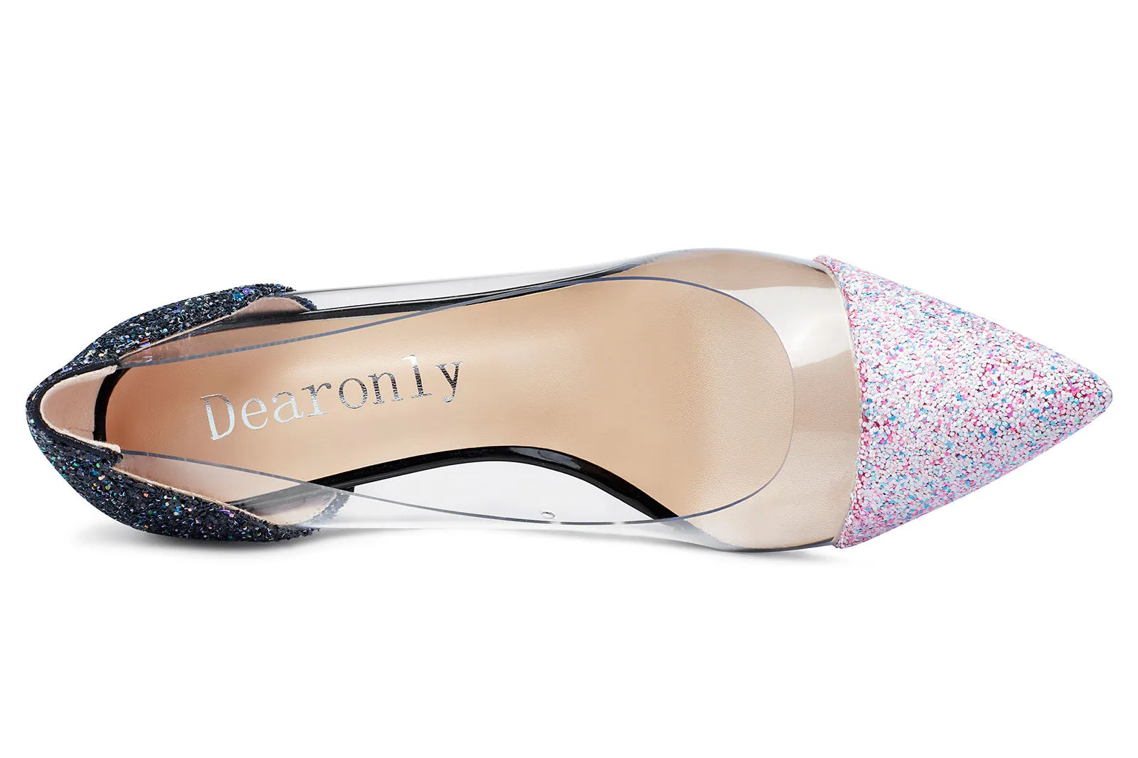 DearOnly Women's High Heels Transparent Clear Pumps Slip On Sexy Pointed Toe Stilettos 4 Inch Colorful Glitter Heel