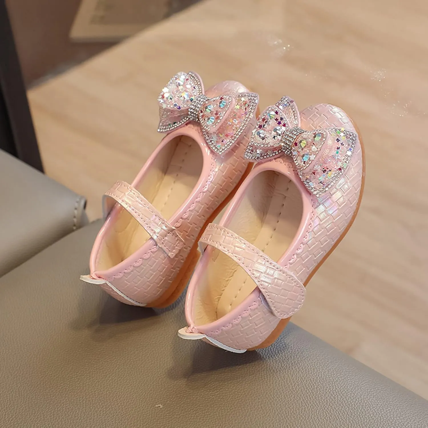 Girls Dress Shoes Glitter Bow Flower Wedding PartFlat Slip On Ankle Strap Sandal Marry Jane Shoes for Toddler