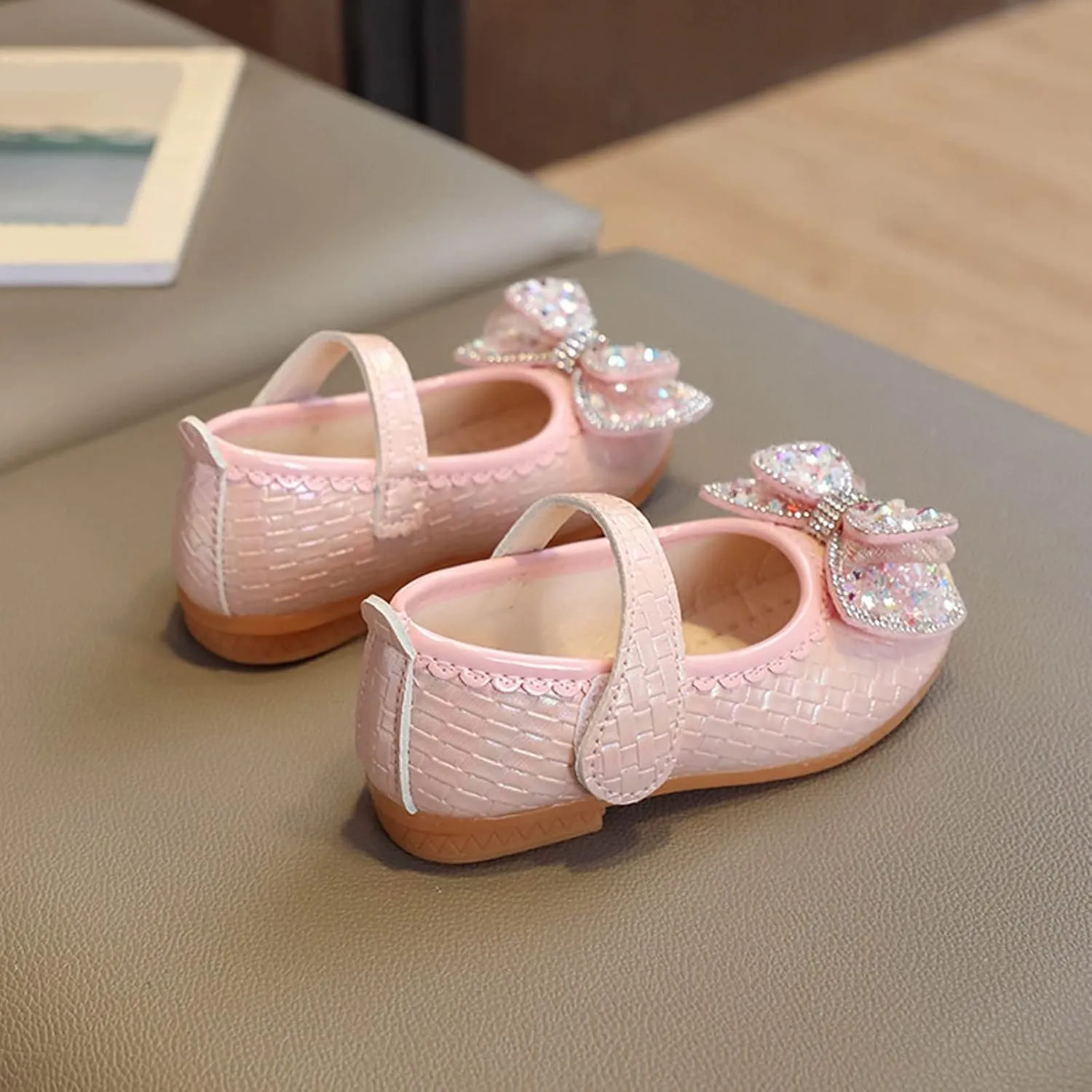 Girls Dress Shoes Glitter Bow Flower Wedding PartFlat Slip On Ankle Strap Sandal Marry Jane Shoes for Toddler