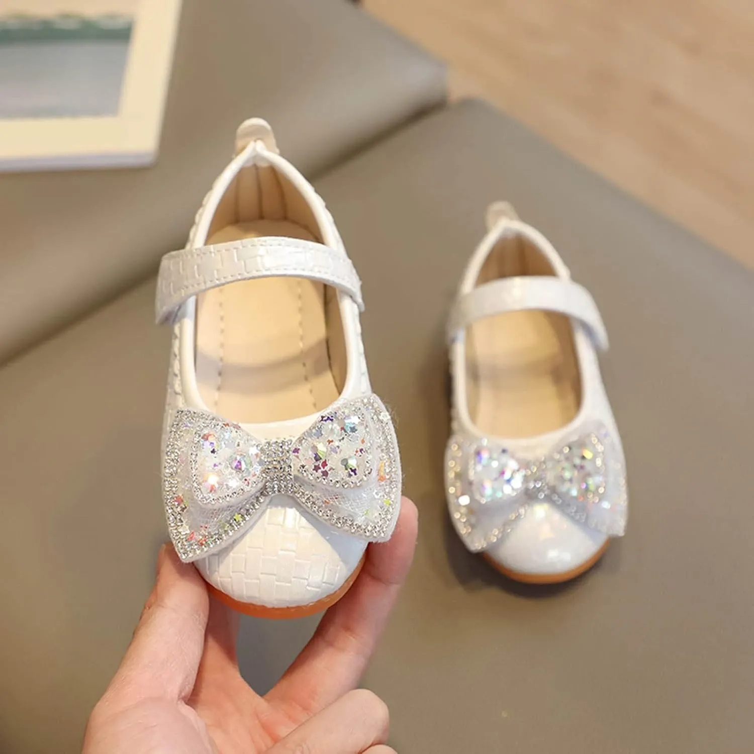 Girls Dress Shoes Glitter Bow Flower Wedding PartFlat Slip On Ankle Strap Sandal Marry Jane Shoes for Toddler
