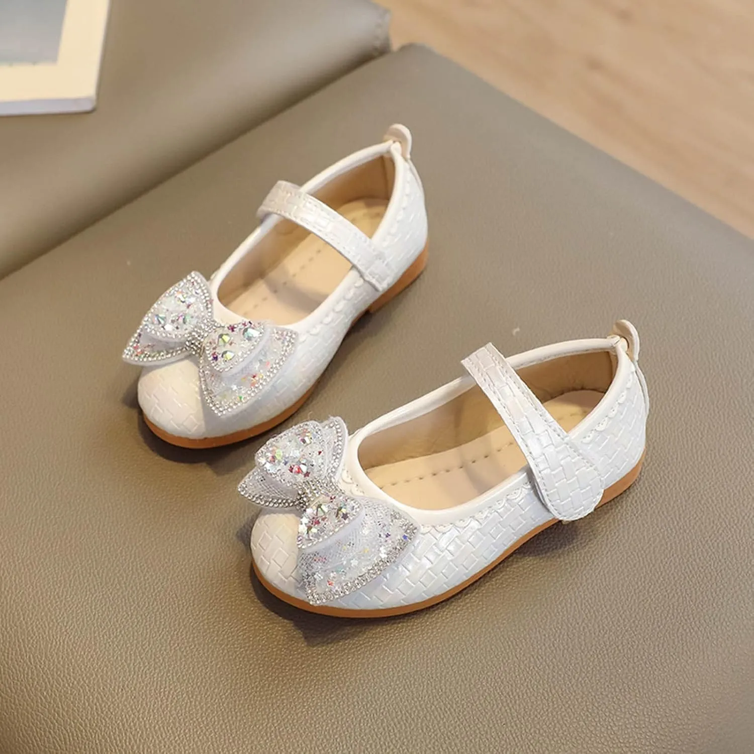 Girls Dress Shoes Glitter Bow Flower Wedding PartFlat Slip On Ankle Strap Sandal Marry Jane Shoes for Toddler