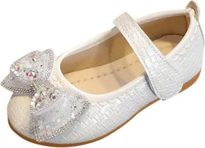 Girls Dress Shoes Glitter Bow Flower Wedding PartFlat Slip On Ankle Strap Sandal Marry Jane Shoes for Toddler