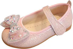 Girls Dress Shoes Glitter Bow Flower Wedding PartFlat Slip On Ankle Strap Sandal Marry Jane Shoes for Toddler