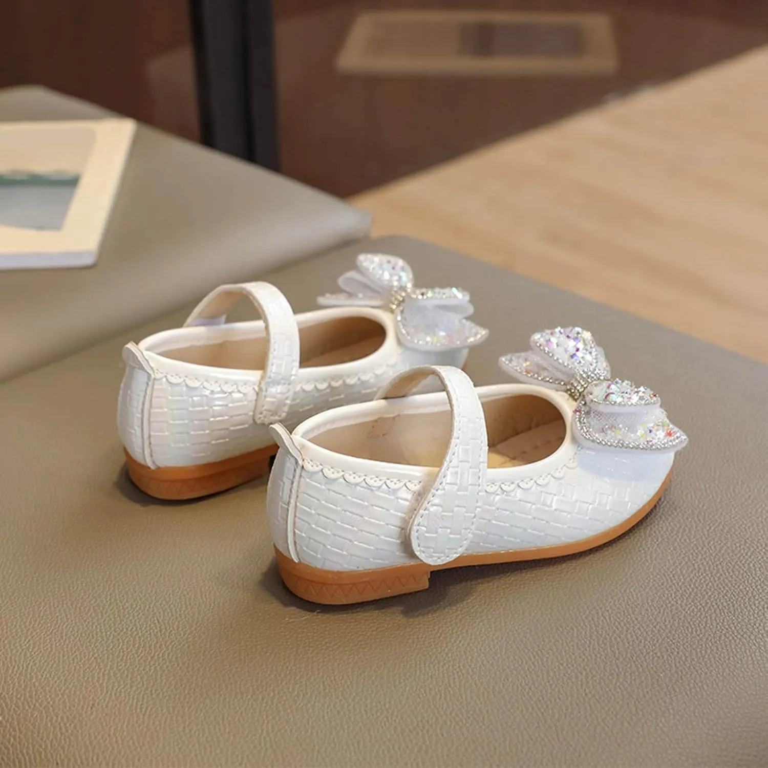 Girls Dress Shoes Glitter Bow Flower Wedding PartFlat Slip On Ankle Strap Sandal Marry Jane Shoes for Toddler