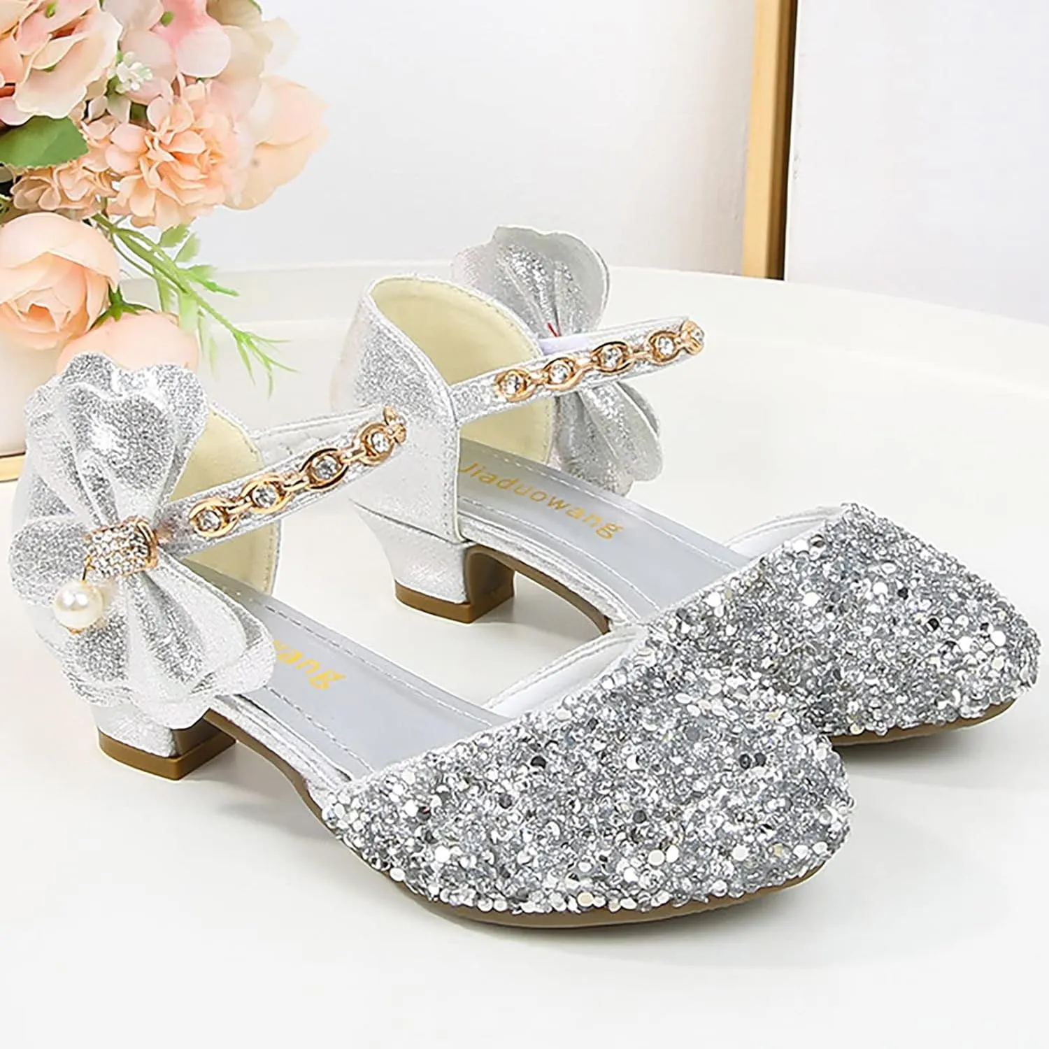 Girls Glitter Dress Shoes Mary Jane Princess Flats Low Heels Flower Wedding Party Footwear for Little/Big Kids
