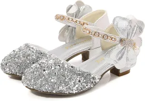 Girls Glitter Dress Shoes Mary Jane Princess Flats Low Heels Flower Wedding Party Footwear for Little/Big Kids