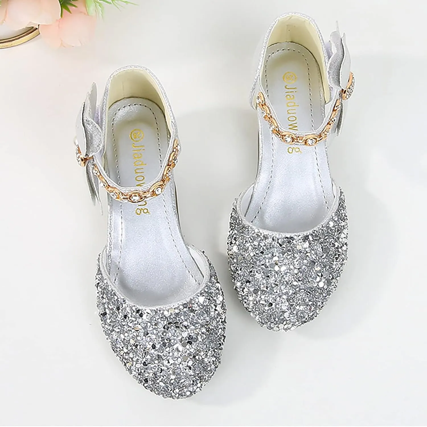 Girls Glitter Dress Shoes Mary Jane Princess Flats Low Heels Flower Wedding Party Footwear for Little/Big Kids
