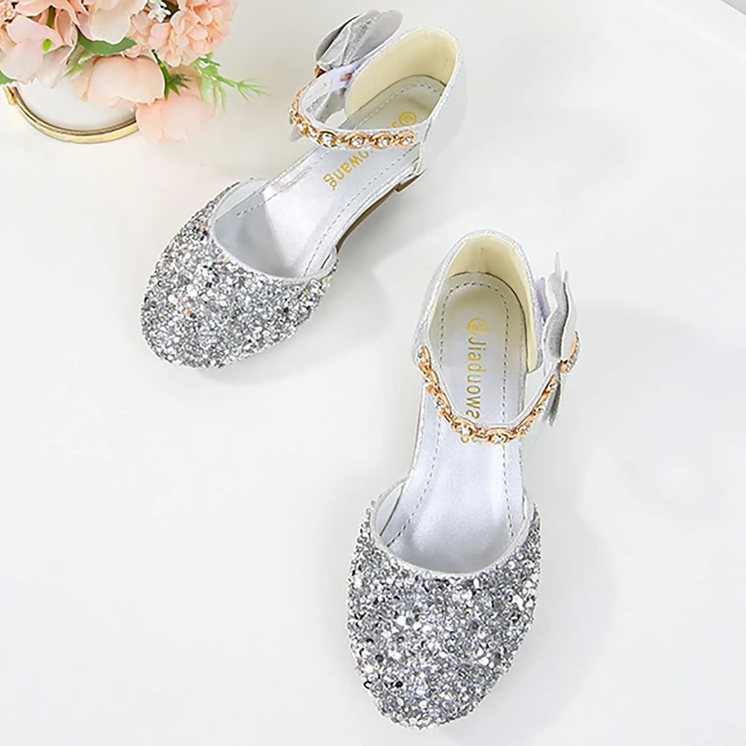 Girls Glitter Dress Shoes Mary Jane Princess Flats Low Heels Flower Wedding Party Footwear for Little/Big Kids