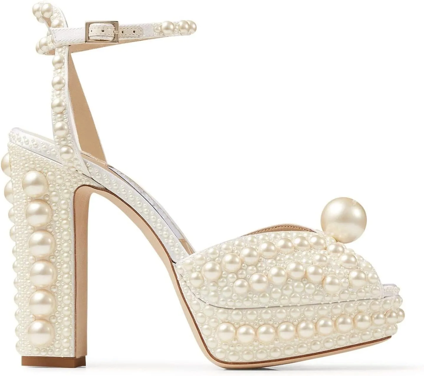 Goolita Womens Open Toe Pearl Platform Heels For Women Chunky Buckle Ankle Strap Wedding Heeled Sandals Dress Evening Bride Bridal Shoes