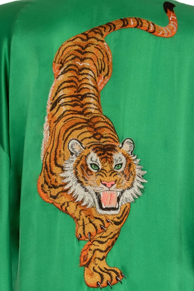 Green Pure Silk Tiger Urban Kimono